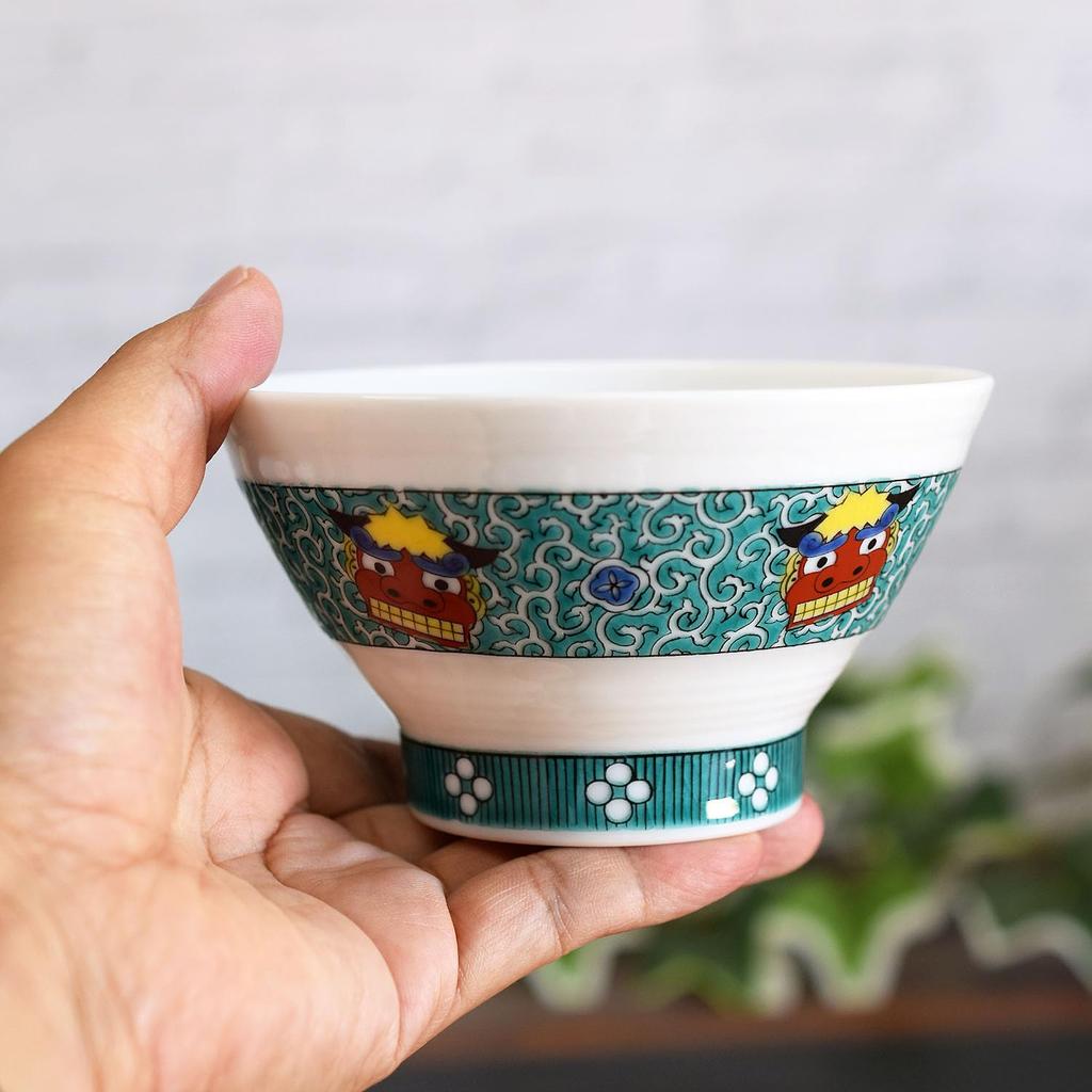 Waza no Kura Kutani Ware Sendan Rice Bowl with Lion Dance Design, Stylish Japanese Tableware, Perfect for 77th Birthday Gifts