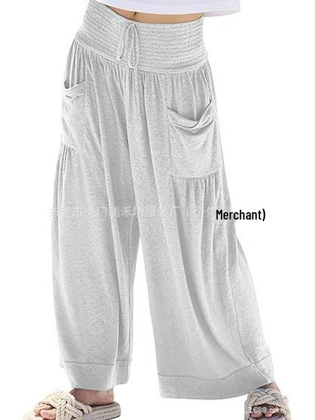 

Women s Solid Color Shirred Elastic Waist Drawstring Casual Pants with Pockets Small серый