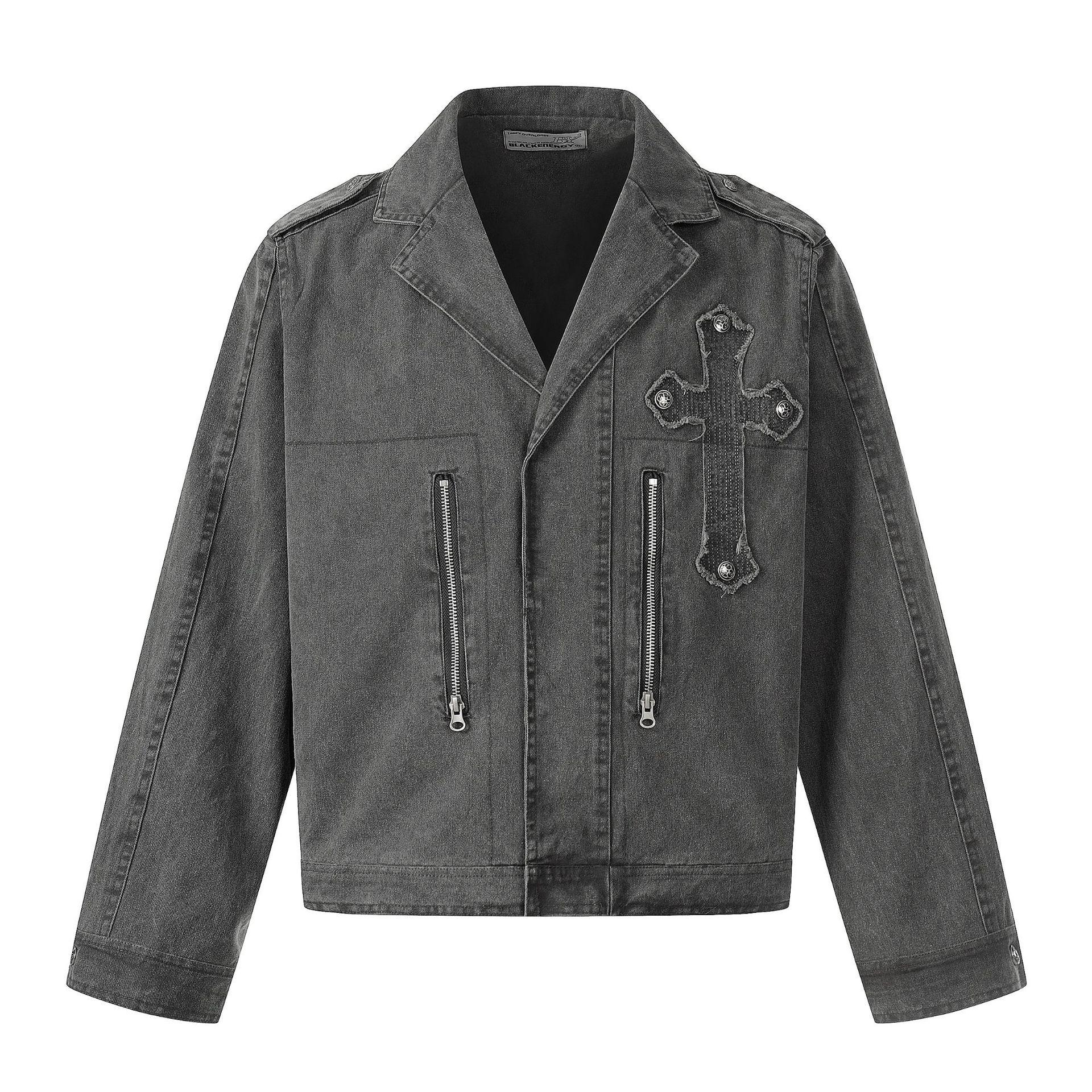 American retro trendy brand washed coat cross patch embroidered Detroit jacket men S темно-серого