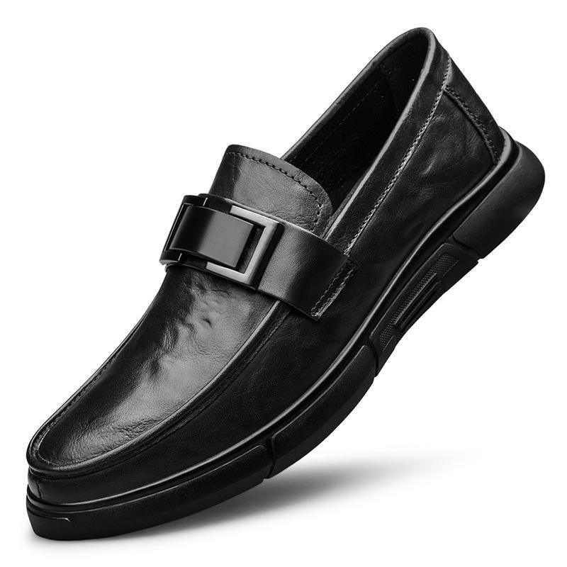 Men's British Style Cowhide Slip-On Leather Shoes: Versatile, Height-Increasing, Trendy for Casual or Wedding Wear.