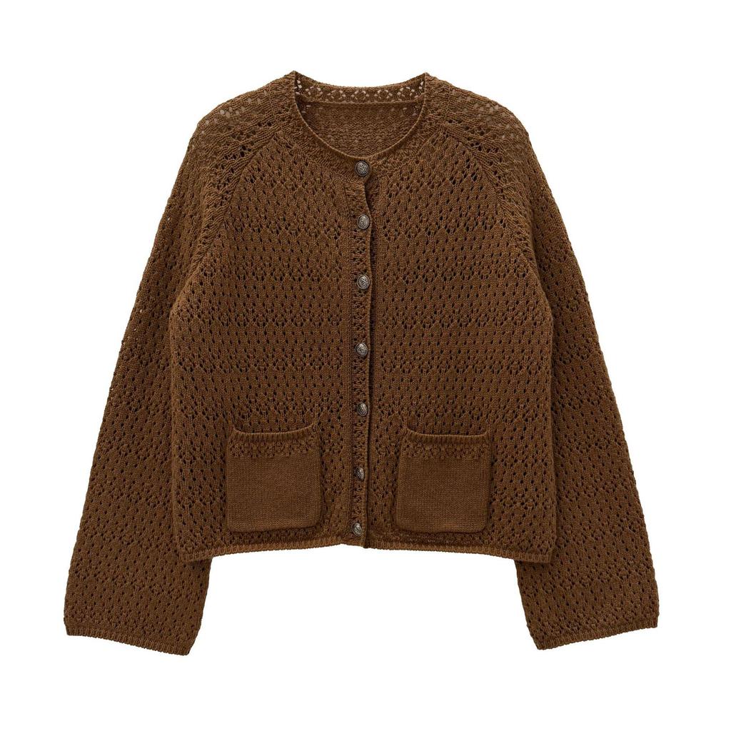 Nanyou Women's Autumn 2026 Round Neck Loose Knit Cardigan - Double Pocket, Hollow Design