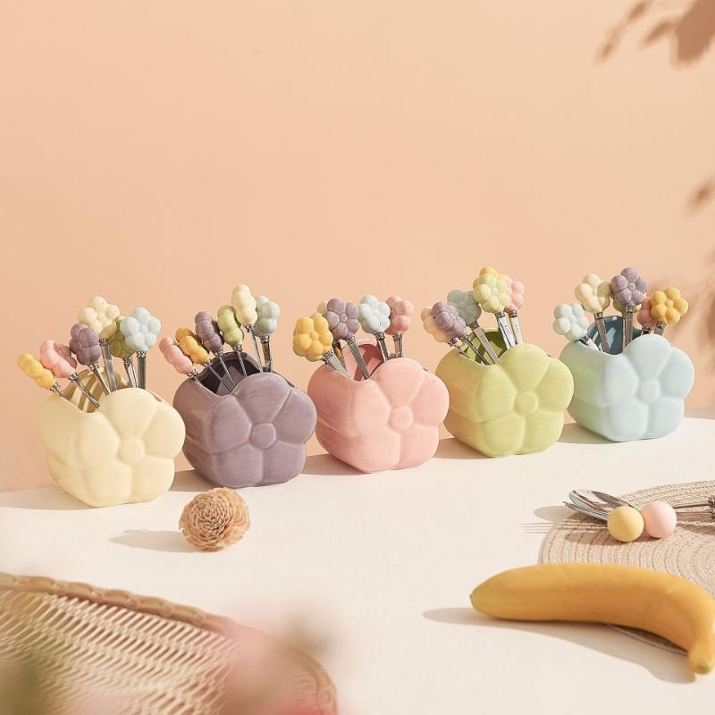 Creative Stainless Steel Fruit Fork Table Decoration Ornament Ceramic Storage Jar Set Exquisite Afternoon Tea Knife Fork