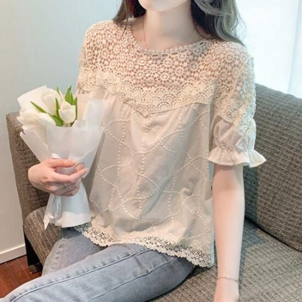 Navava Women Romantic Lace Round Neck Short Sleeve Blouse Nb2572