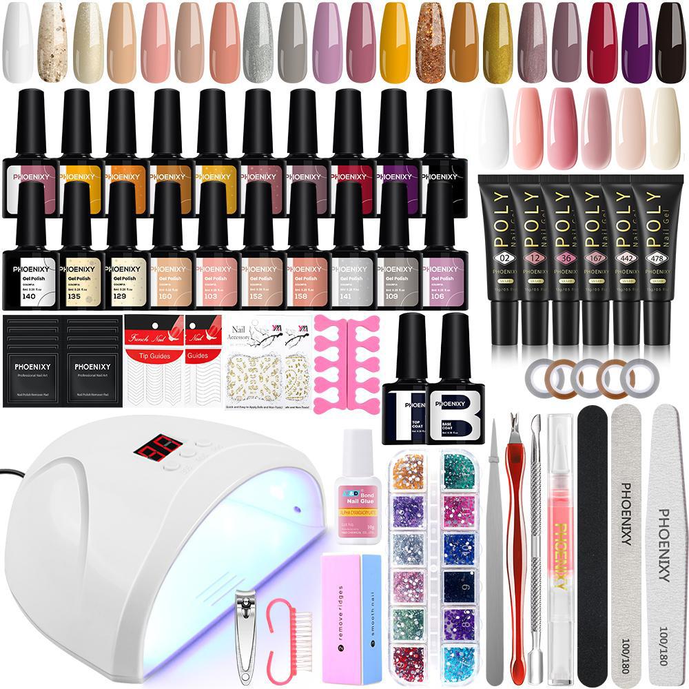 PHOENIXY Gel Nail Polish Varnish Kit with 36W Nail Dryer Lamp Poly Extension Gel Nail Art Manicure Tools Soak-off UV LED Gel Set
