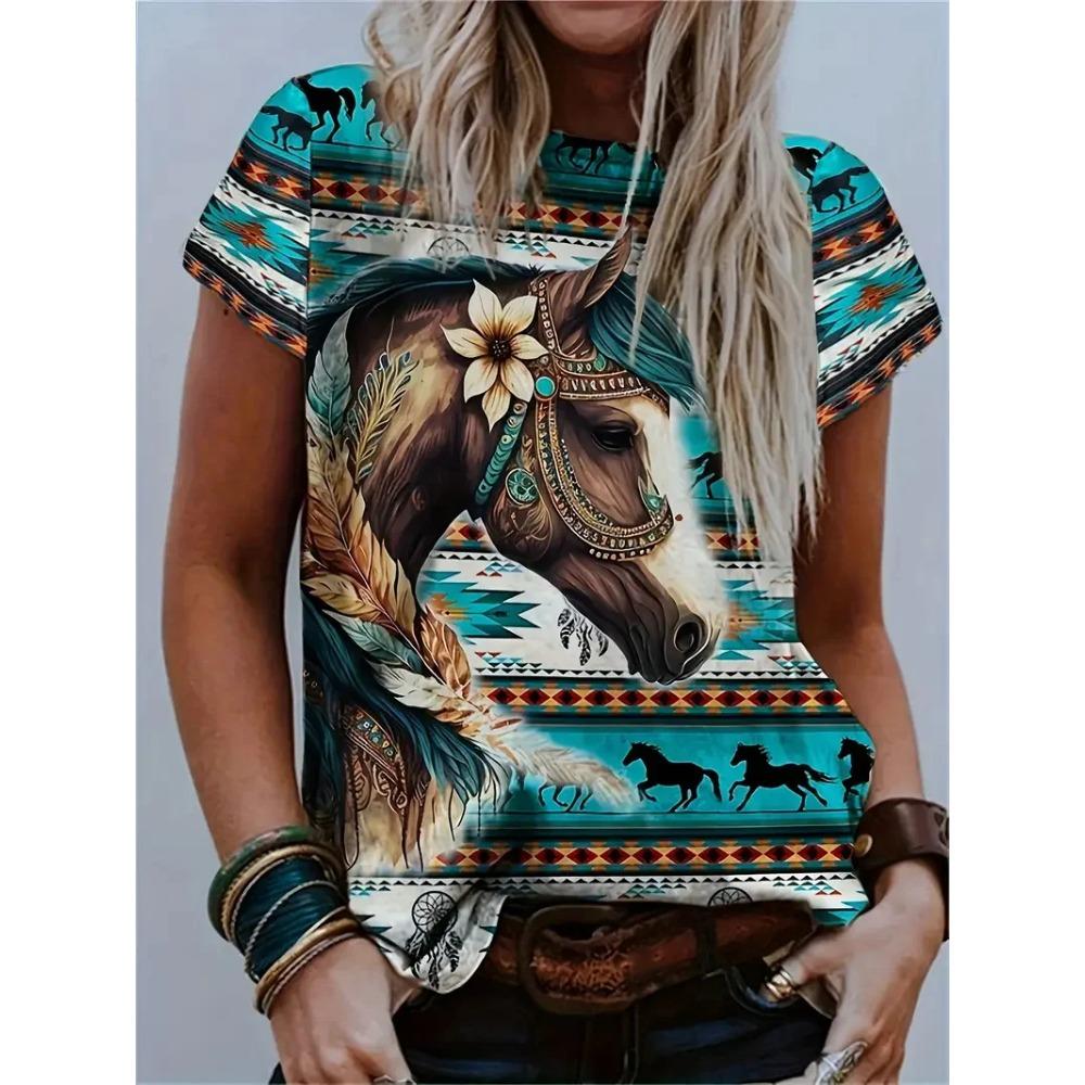 Women's Casual Round Neck T-shirt, Unique Horse Print Summer Short Sleeved Shirt