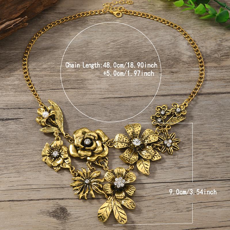 Bold Retro Floral Leaf Necklace Rhinestone Inlaid Luxury Exquisite Collar Chain Women's New Style Party Jewelry Gift