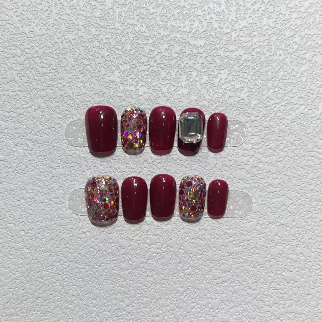 New Year's Manicure Pure Hand-wearing Nail Pieces Handmade High-end Light Luxury Style Simple Rose Sequin Square Diamond