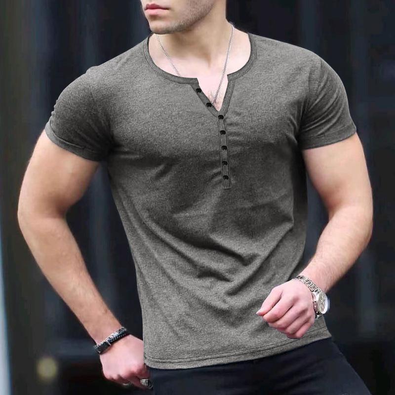 

2026 Men s New Fashion Solid Color Short Sleeve T-shirt Casual Sports Button T-shirt Trendy Leggings 3XL
