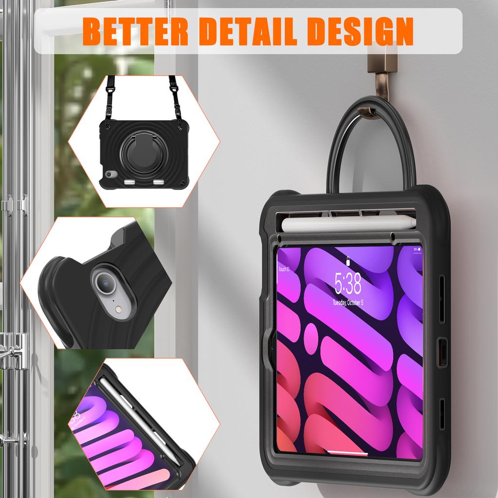 For iPad Mini (2024)/(2021) Case with Shoulder Strap Kickstand PC Silicone TPU Tablet Cover