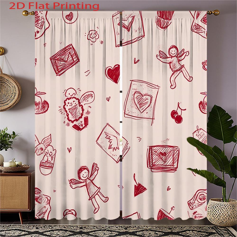 

Set Of 2 Red Sketch Pattern Cute Cupid Envelope Curtains Flat Printing Semi Transparent Polyester Fabric Design Curtain With Rod Pocket W100*H70(CM)-Grommet top&2PCS