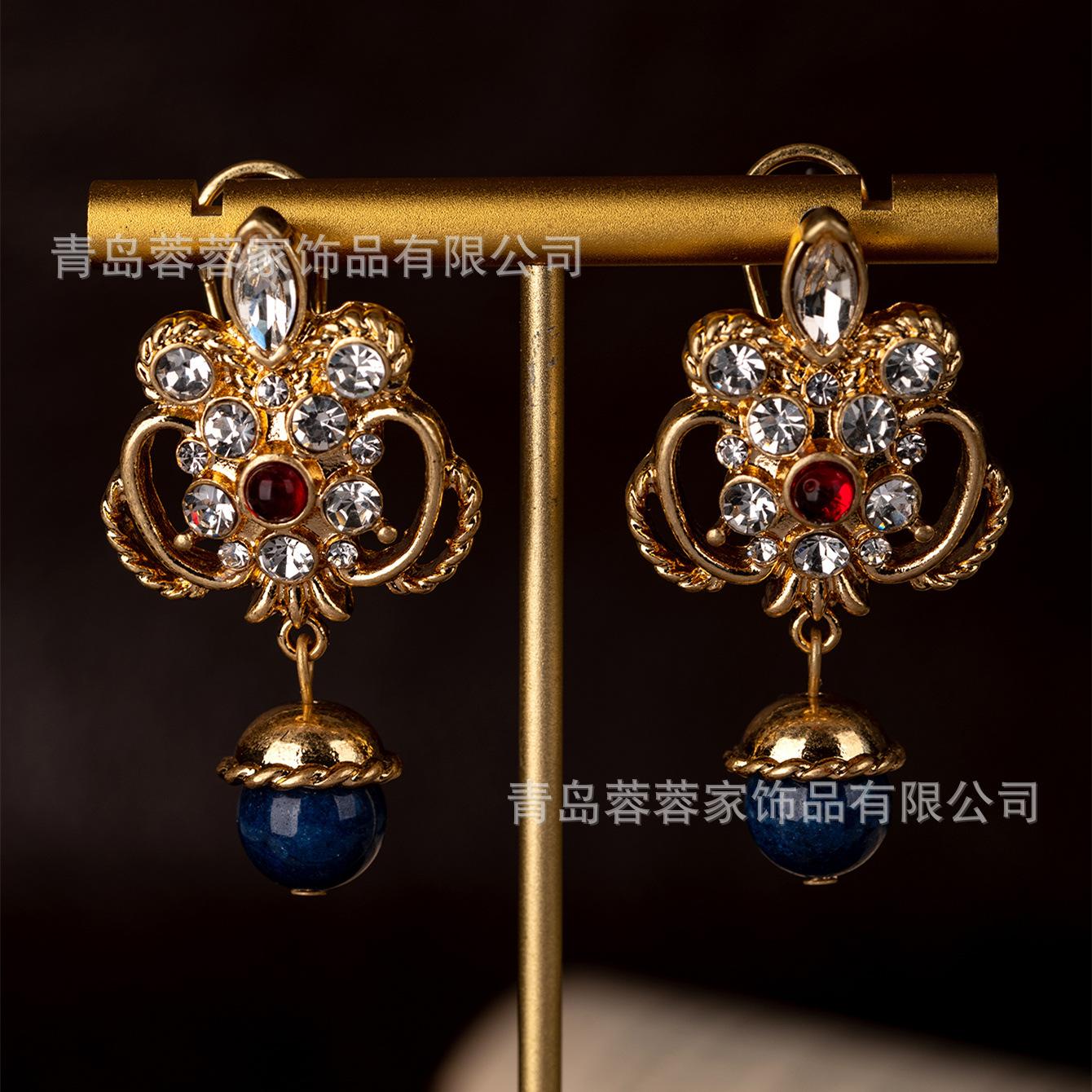 New Vintage Co Branded Irises Bluestone Earrings Women Retro Niche Palace Style Fashionable Versatile