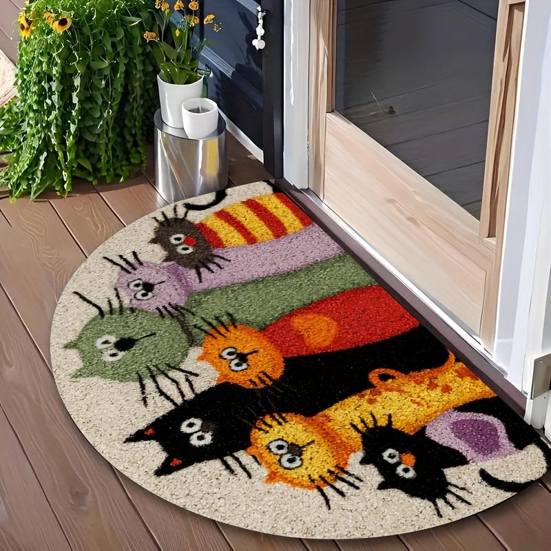 Semicircular Cartoon Cat Doormat, Non-slip Polyester Mat. Dirt-trapping, Indoor & Outdoor Use, Ideal Cat Lover Gift.
