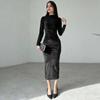 Women's Autumn and Winter Fashion Solid Color Slim Pleated Round Neck Long Sleeve Dress