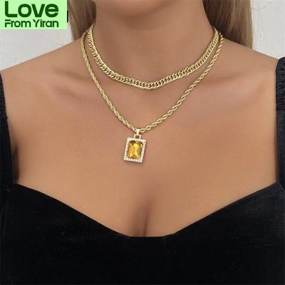 Collier Pendentif en Cristal Vintage Double Couche Design Unique Simple Torsion Chaîne Dorée Choker