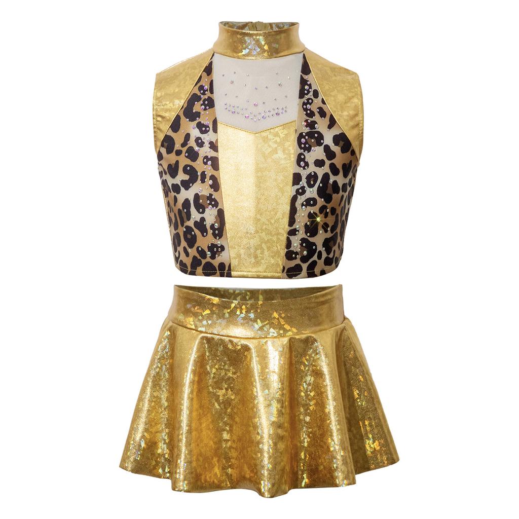 Costum de Dans Jazz pentru Fete 2 Bucăți Metalic Lucios Patchwork Strălucitor Crop Top Fără Mâneci cu Pantaloni tip Fustă pentru Competiție pe Scenă