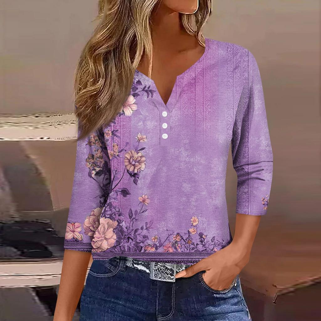 Women's Loose Casual Flower Print Seven Quarter Sleeved V-Neck Top Seven Quarter Sleeved V-Neck Top