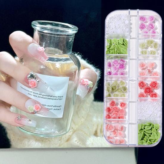 1 Set 3D Nail Art Grids Rhinestone Faux Charm 12 Pearl Bow Rose Flower Nail Design
