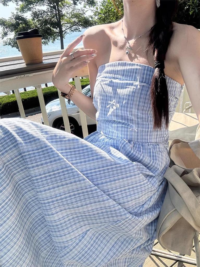 Damen Blau Kariert Ärmellos Spaghettiträger Maxi Kleid