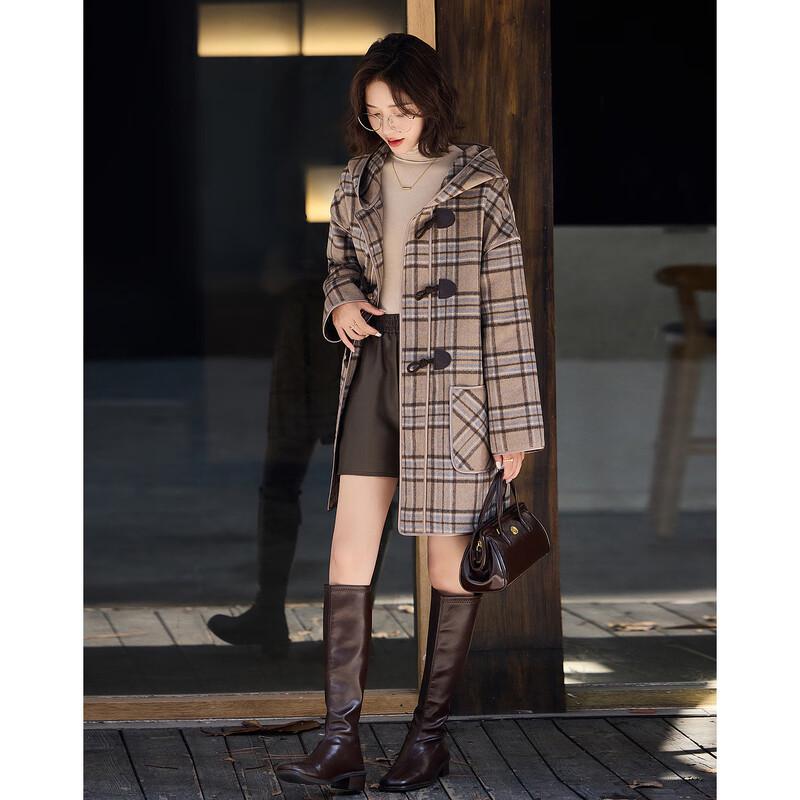 Demana Women's Miu Series Plaid Hooded Toggle Wool Coat