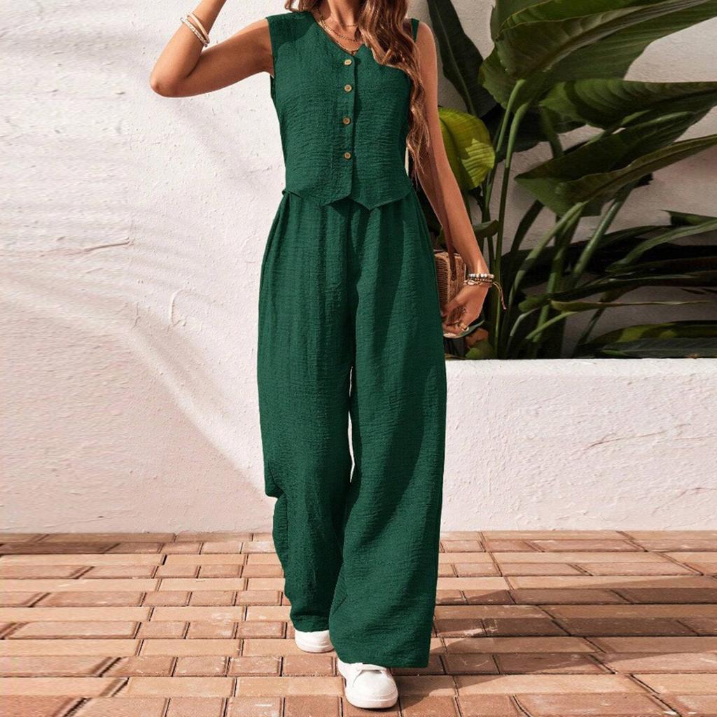 Women's Casual V-Neck Vest Linen-Cotton Blend Set