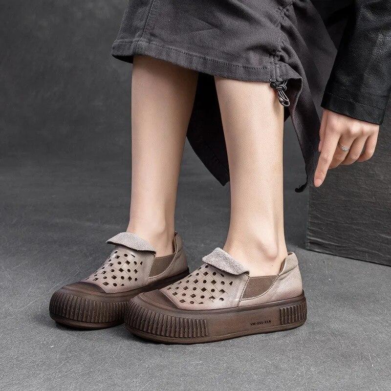 Johnature Simple Breathable Hollow-out Shoes Retro Genuine Leather Thick Sole Women's Flat Platform Shoes