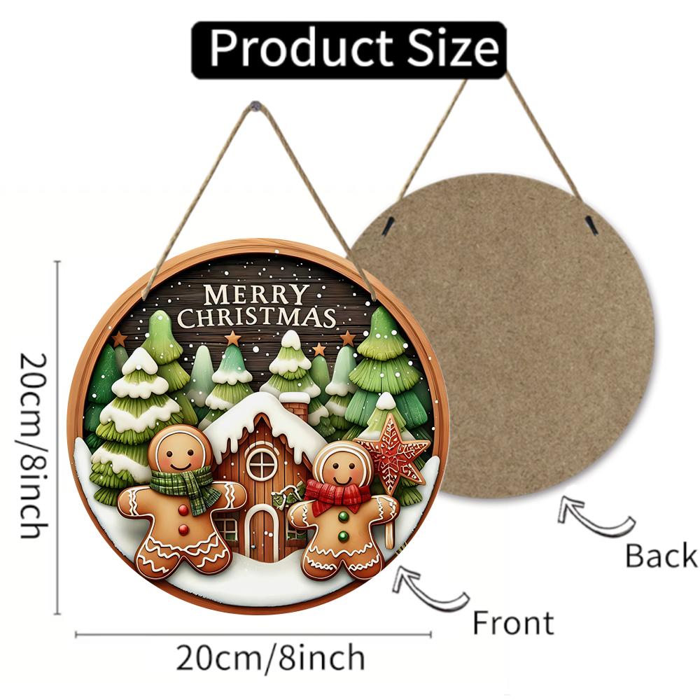 Gingerbread Man Cabin Theme Round Wooden Hanging Plaque Natural Solid Wood Texture Winter Festive Wall Sign Home Xmas Party Holiday Decor