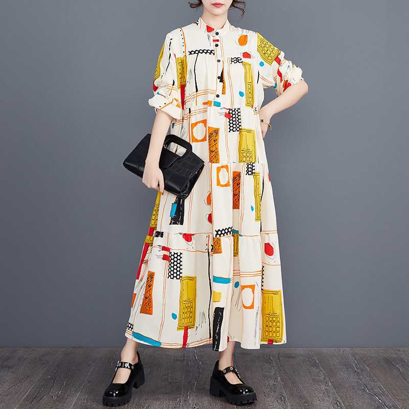 

Весна Новое Свободное Большого Размера Модное Платье-Торт с Лоскутным Принтом L