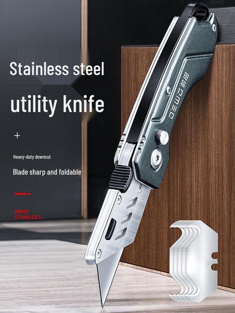 DEWO Heavy-Duty Stainless Steel Electrician's Folding Utility Knife with Cable and Wire Stripper, Thickened Hook.