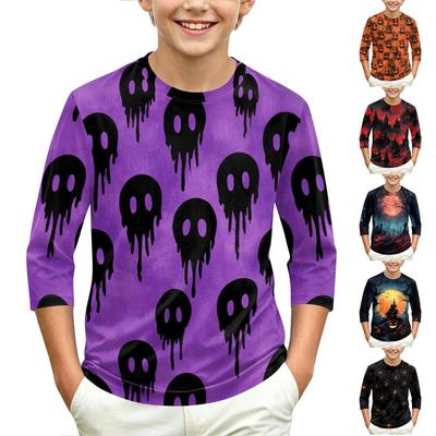 Children's Halloween Print Round Neck Three-Quarter Sleeve Top for Casual Everyday Wear