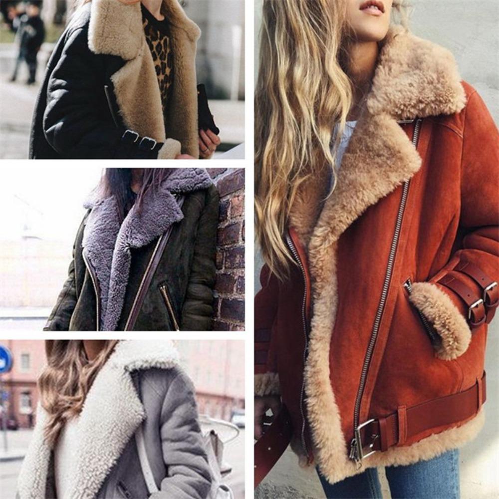 Giacca da Donna con Collo a Revers Manica Lunga Vestibilità Slim in Ecopelle Scamosciata con Fodera in Agnello Cappotto Stile Moto