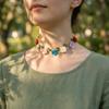 Splicing Green Leaf Satin Cloth Flower Choker Collarbone Choker Summer Clavicle Chain  Gift