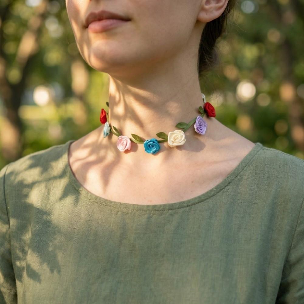 Splicing Green Leaf Satin Cloth Flower Choker Collarbone Choker Summer Clavicle Chain  Gift