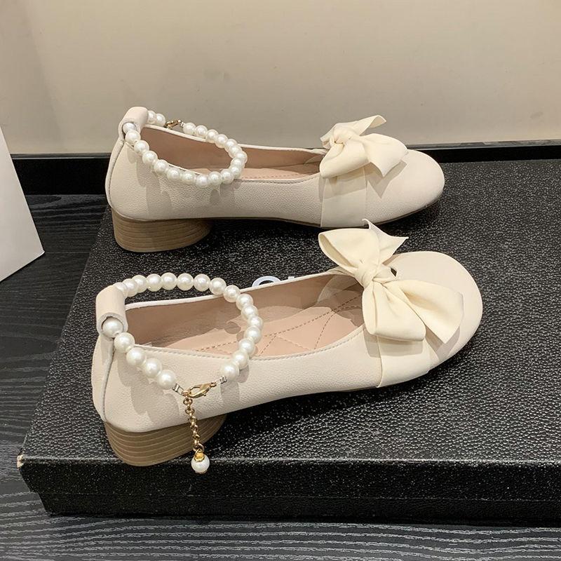 French Mary Jane shoes women's 2025 summer new sweet bow thick heel pearl with skirt small leather shoes