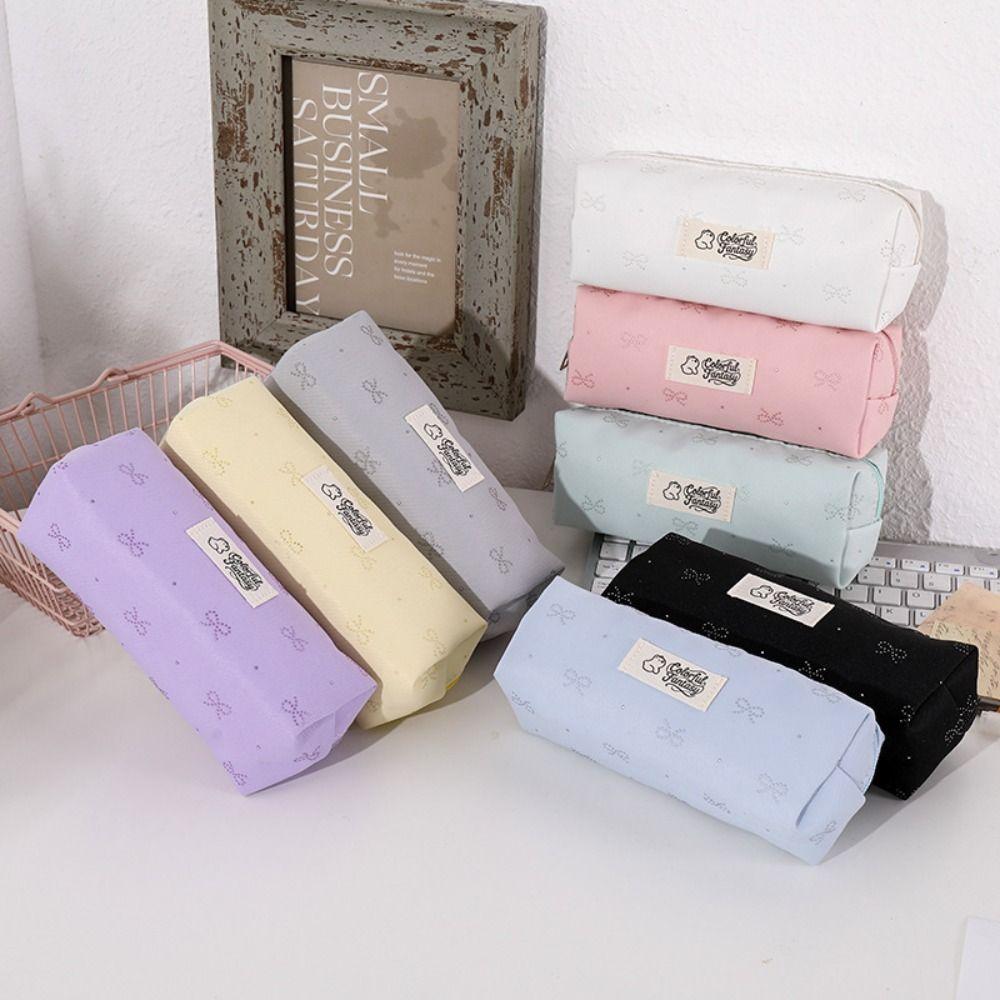 Pastel Color Pen Bag Bow Embroidery Pencil Pouch Durable Pencil Case  Students