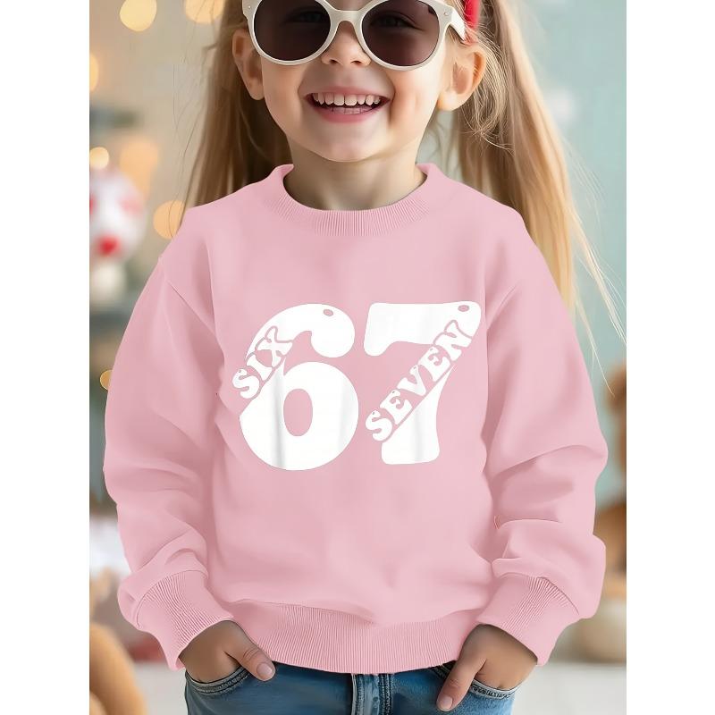 Kids Unisex Crewneck Sweatshirt, Simple Bold White Bubble 67 SIX SEVEN Letter Print Long Sleeve Pullover, Soft Sweatshirts for Boys Girls Ages 4+