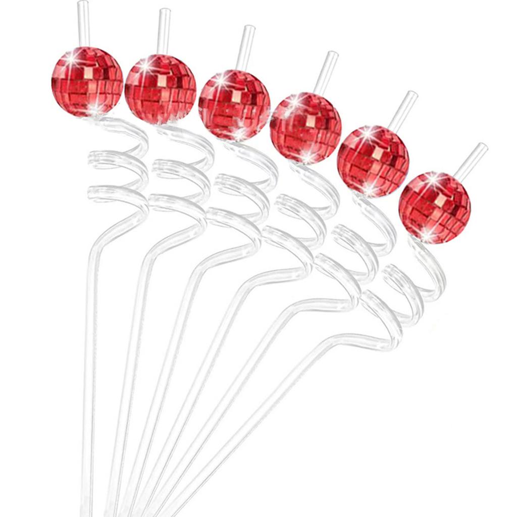 6Pieces Discos Balls Straws 1970s Discos Party Decorations Reusable Plastic Straws Reflective Stirrers Cocktail Decor