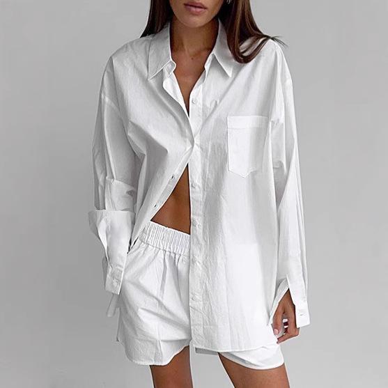 European and American simple white shirt shorts two-piece set women's 1116 autumn new loose casual suit