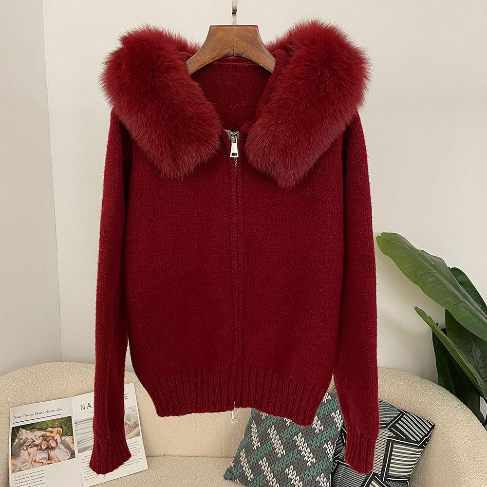 Women Cardigan Natural Fur Coat Real Mongolian Fur Knitwear Spring Autumn Hooded Knitted Fur Jacket