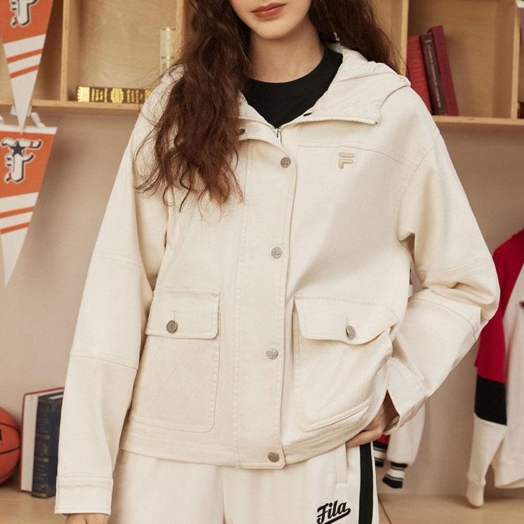 Fila Fusion Letter Zipper Hooded Outdoor Sports Work Jacket Women jackets Warm-Beige T11W413703F-BG