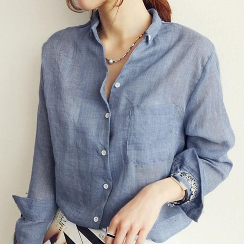 Plus Size Korean Style Long Sleeve Cotton Linen Women's Shirt