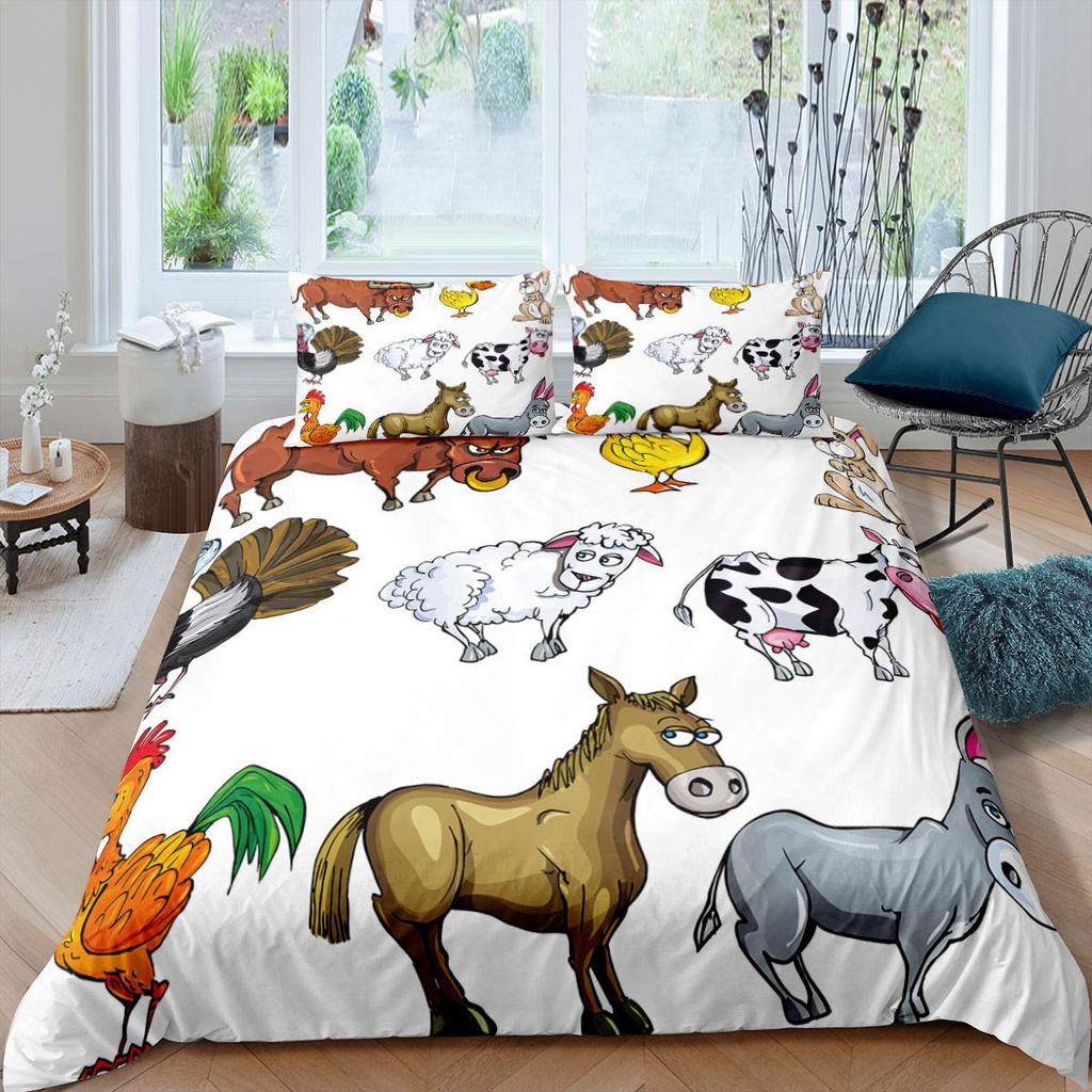 Zoo Theme Duvet Cover Set Animals Pattern Polyester Comforter Cover King Queen Size Cartoon Cute Animals For Kids Bedding Set