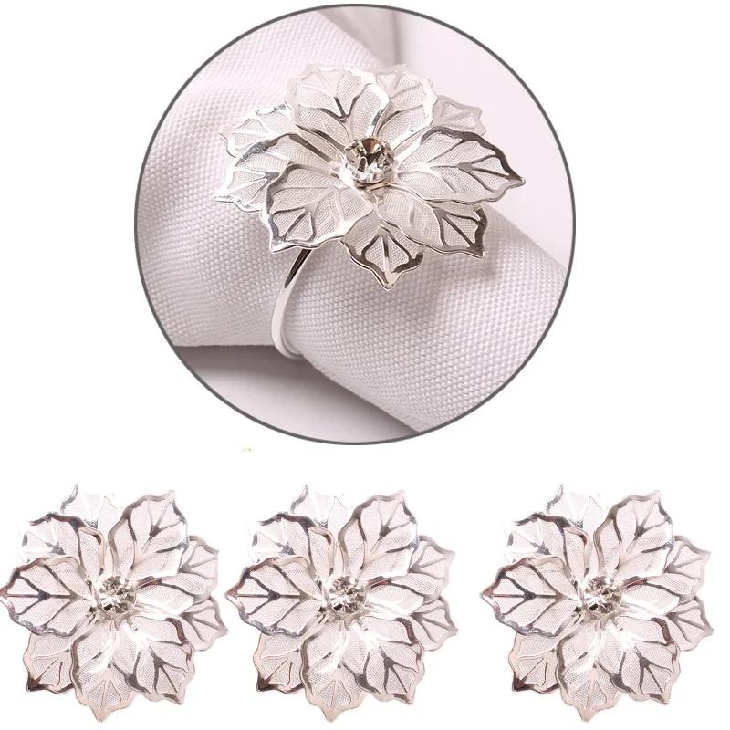 6Pcs Rose Flower Napkin Holder Floral Rhinestone Napkins Rings for Wedding Mother's Day Party Dinner Table Decor Party Supplies