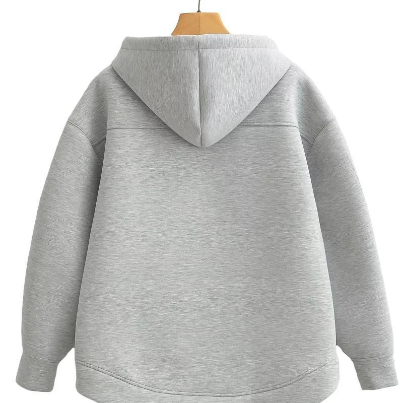 Autumn Women Gray Jacket With Hood Long Sleeve Big Pocket Zipper Jacket Coat Woman Loose Casual Outerwear Coat Tops