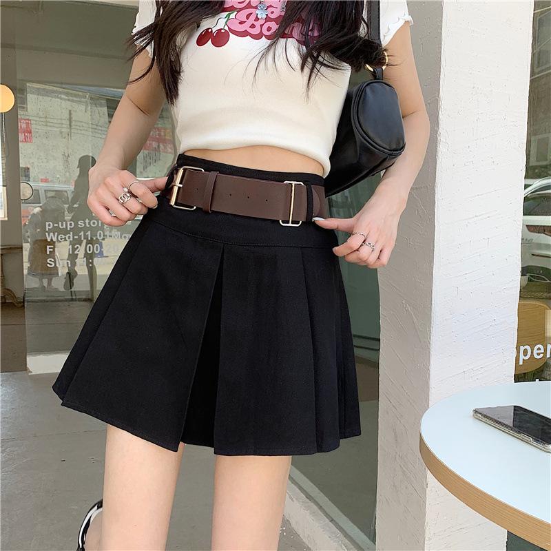 Petite Women's Retro Hong Kong Style Pleated Skirt with Waist-Cinch Belt