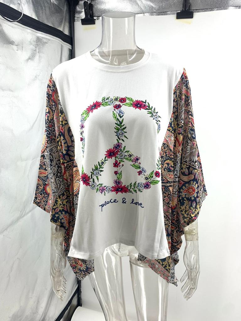 New Printed Crew Neck Loose Casual Batwing Sleeve Top for Women