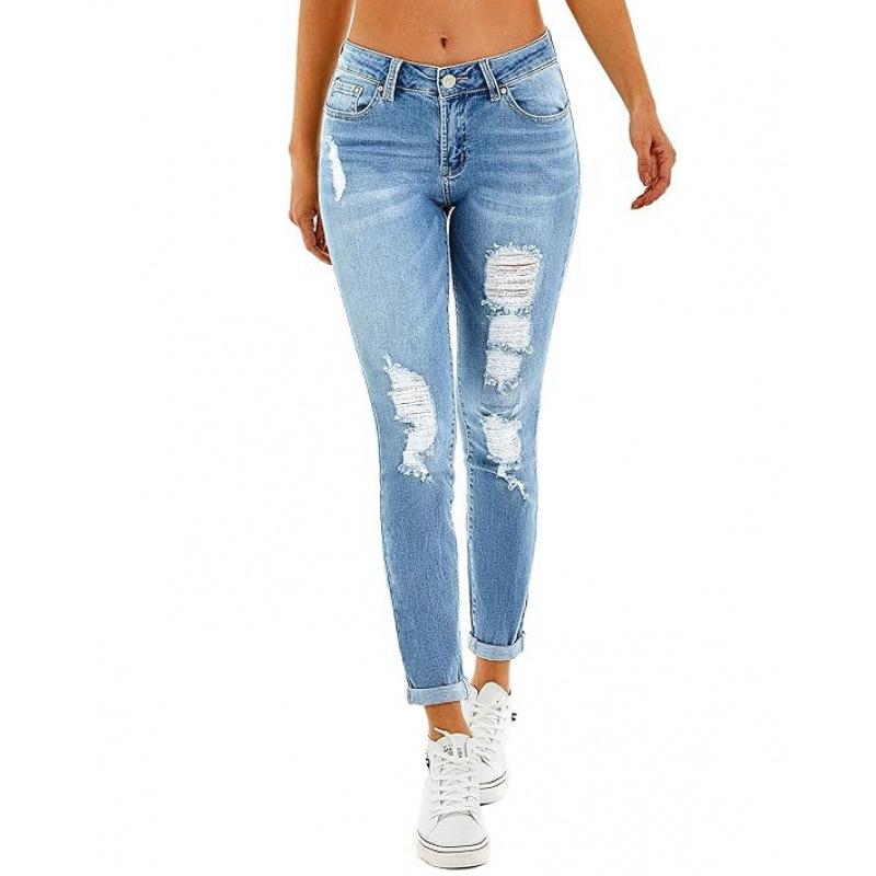 Women s Spring/Summer Mid-Waist Washed Ripped Jeans S джинсовый синий