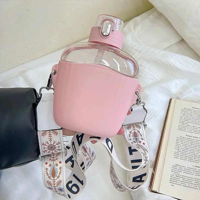 700ml Cute Water Bottle Big Belly With Straw Strap Creative Cup Portable Plastic Kids Girls Water Cup Drinkware Sport Outdoor