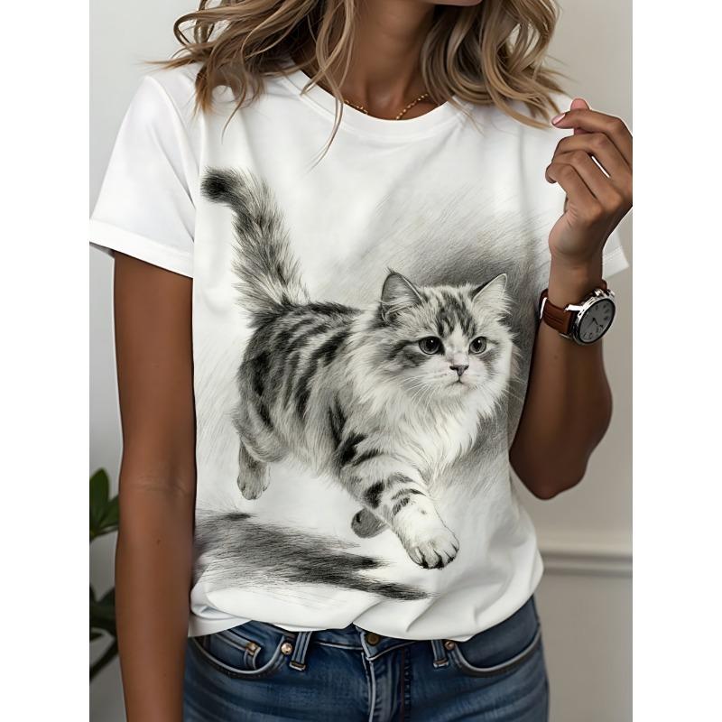 Funny Women's Cat Graphics T-Shirt Cute 3D Print Tees Fashion Tops Short Sleeves O-Neck T-Shirts Street Summer Woman Clothing
