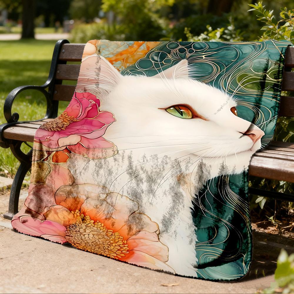 1pc Cat Flowers Outdoor Blanket - Soft Flannel Cozy for Travel & Camping - All-Season Warm Bed Cover, Machine Washable Yy251229062