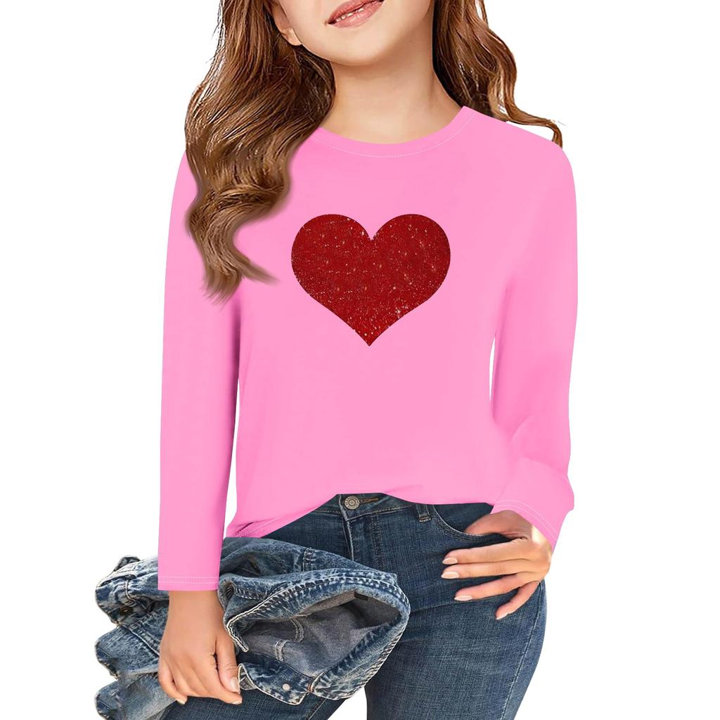 Långärmade T-shirts för flickor med kärlek och alla hjärtans dag-motiv, hösttoppar, rund hals, enkla T-shirts för barn, 5-14 år